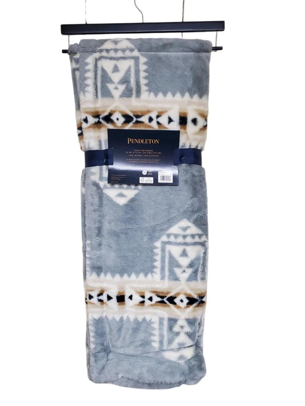 Pendleton Faux Fur Throw Light Blue Aztec Native Print 50x70